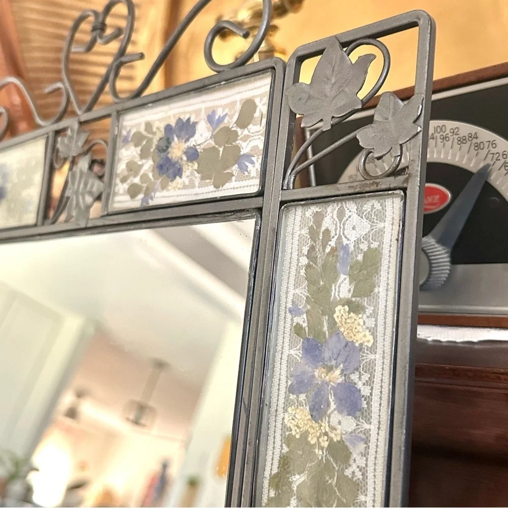 Vintage Silver and Blue Floral Wall Mirror